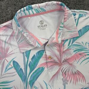 SCALES Polo Shirt X-Large Tropical Palm Leaf Print Golf Short Sleeve Men's